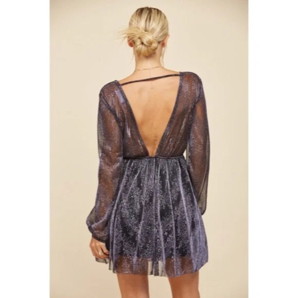 Indigo Metallic Sparkling Mesh Long Sleeve Cocktail Holiday Party Mini Dress - Picture 4 of 7